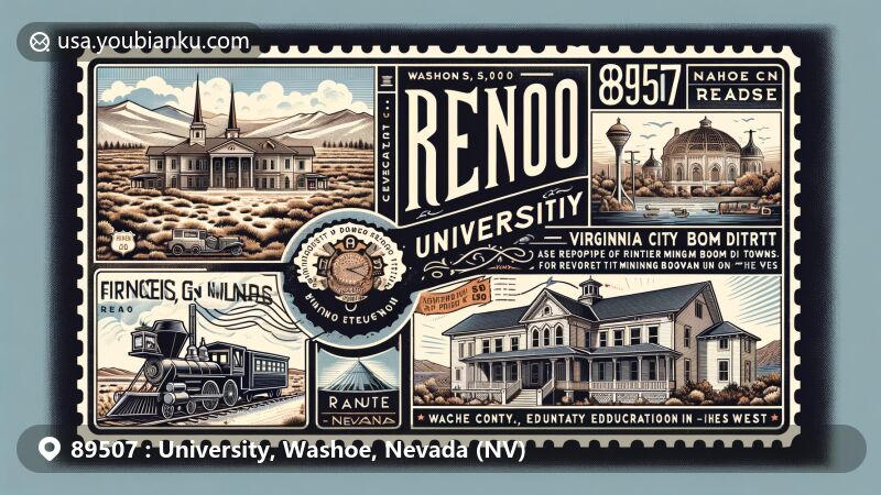 Modern illustration of University, Reno, Washoe County, Nevada, featuring ZIP code 89507, showcasing Virginia City Historic District, Francis G. Newlands Home, Washoe County symbols, and vintage postal elements.