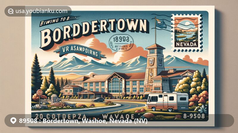 Vibrant illustration of Bordertown, Washoe, Nevada, featuring Bordertown Casino and RV Resort in a lush green setting, with Nevada's natural beauty in the background and postal elements like a vintage stamp and ZIP Code 89508.