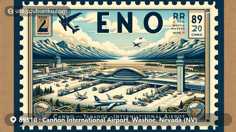Modern illustration of Cannon International Airport in Washoe County, Nevada, featuring Reno–Tahoe International Airport, Air Traffic Control Tower, Reno Arch, and Grand Sierra Resort against the backdrop of Sierra Nevada mountains and Truckee River valley, capturing the city's vibrant culture and natural beauty.