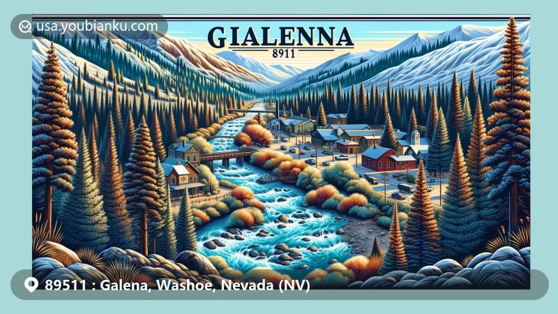 Modern illustration of Galena, Washoe County, Nevada, showcasing postal theme with ZIP code 89511, featuring mining history, Sierra Nevada landscapes, Galena Creek, and Galena Creek Visitor Center.
