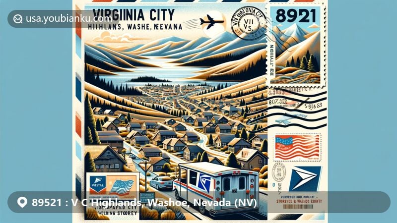 Modern illustration of V C Highlands, Washoe, Nevada, highlighting postal theme with ZIP code 89521, featuring dispersed residences, high elevation, and natural beauty.