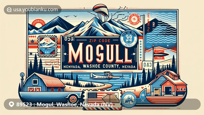 Modern illustration of Mogul, Washoe County, Nevada, featuring ZIP code 89523, blending regional characteristics with postal elements, showcasing the geography, mountains, and landscapes of Mogul near the western border of Nevada and west of downtown Reno.