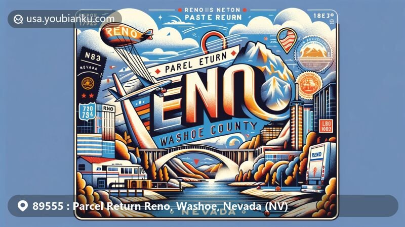 Modern illustration of Parcel Return Reno in Washoe County, Nevada, with postal elements reflecting ZIP code 89555 and featuring the iconic Reno Arch and Nevada state flag.