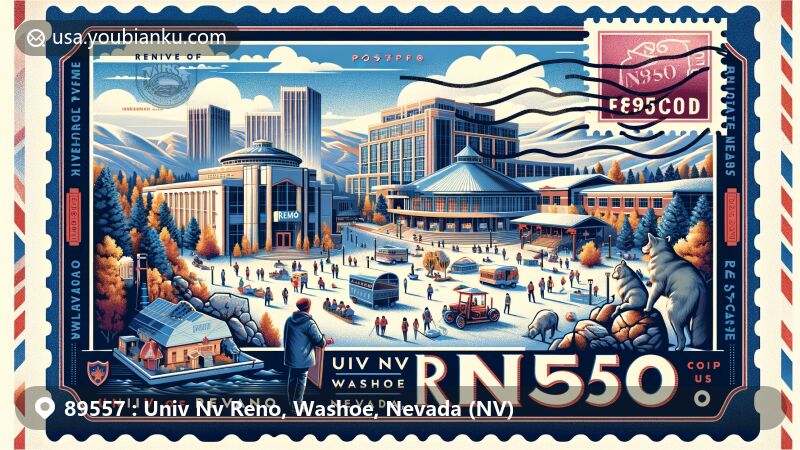 Modern illustration of ZIP code 89557 featuring University of Nevada, Reno, showcasing iconic buildings and landscapes, cultural symbols of Reno, and vibrant university life in a creative postcard design.