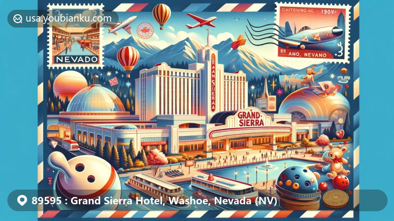 Modern illustration of Grand Sierra Resort and Casino in Reno, Nevada, capturing the essence of entertainment, leisure, and culture with an array of facilities like an ice rink, bowling center, cinema, and pool, along with Nevada state symbols and a postal theme highlighting ZIP code 89595.