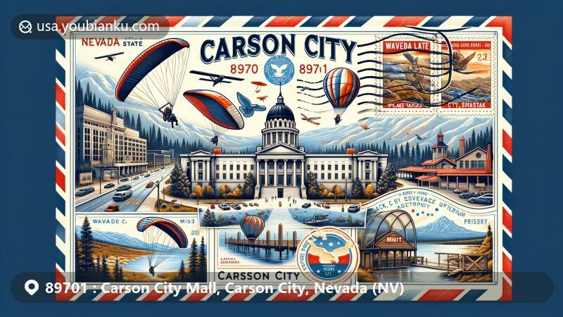 Modern illustration of Carson City, Nevada, with a postal theme, featuring the Nevada State Capitol and State Museum, Washoe Lake State Park, and Prison Hill Recreation Area.