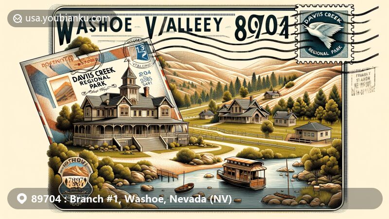 Modern illustration of Washoe Valley, Nevada, representing ZIP code 89704, featuring Bowers Mansion Regional Park and Davis Creek Regional Park, blending natural beauty and historical depth.