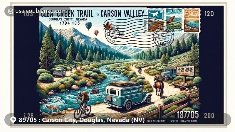 Modern illustration of Carson City and Douglas County in Nevada, featuring Clear Creek Trail System and outdoor activities, with postal elements like postcard design and stamps, showcasing ZIP code 89705 and Nevada's state symbols.
