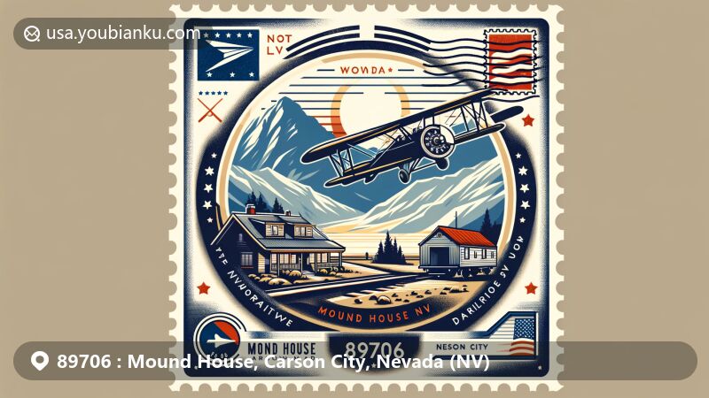 Modern illustration of Mound House, Carson City, Nevada, portraying postal theme with vintage aviation envelope featuring Virginia and Truckee Railroad, Sierra Nevada Mountains, Nevada state flag stamp, and 'Mound House, NV 89706' postal mark.