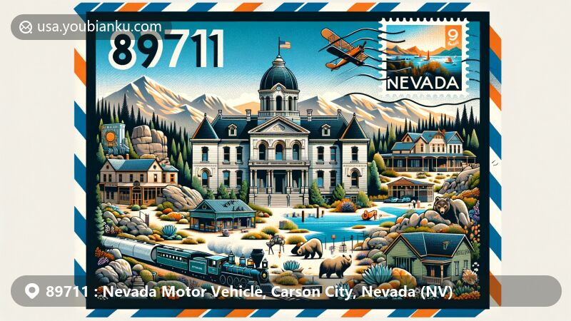 Vibrant illustration of ZIP Code 89711, Carson City, Nevada, featuring iconic landmarks like the Nevada Capitol Building, Virginia & Truckee Railway, and outdoor activities near Washoe Lake State Park. Artistic elements showcasing Carson City's culture, framed in an airmail envelope with Nevada state symbols.