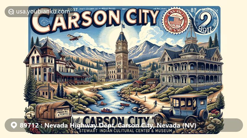 Modern illustration of Carson City, Nevada, showcasing postal theme with ZIP code 89712, featuring Nevada State Capitol, historic Victorian homes, Washoe Lake State Park, postal elements, and outdoor activities.