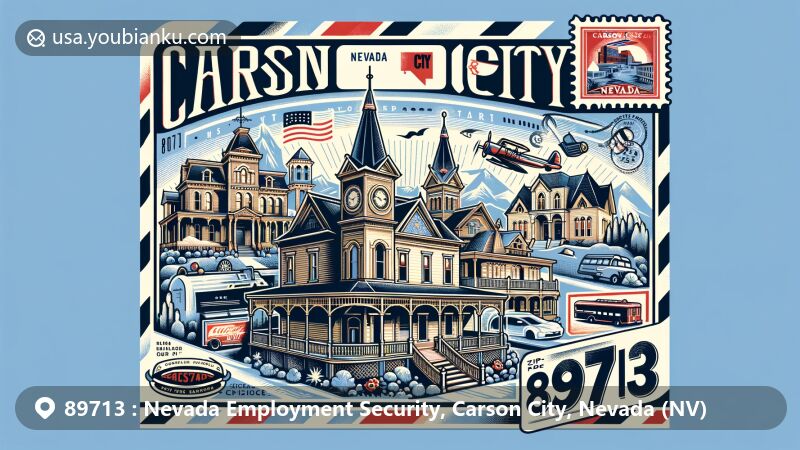 Modern illustration of Carson City, Nevada, showcasing postal theme with ZIP code 89713, featuring iconic Victorian houses, museums, and churches along Kit Carson Trail, symbolizing the rich historical area.
