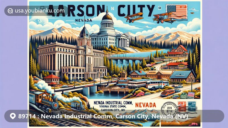 Modern illustration of Carson City, Nevada, featuring the Nevada State Capitol Building, Washoe Lake State Park, and Virginia and Truckee Railroad. Includes postal elements with '89714, Nevada Industrial Comm, Carson City, NV'. Vibrant and detailed depiction of area's cultural and historical heritage.