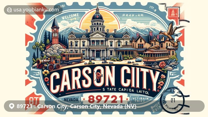 Modern illustration of Carson City, Carson City, Nevada, highlighting historical landmarks and outdoor activities, featuring Nevada State Capitol, Kit Carson Trail, and outdoor recreation.