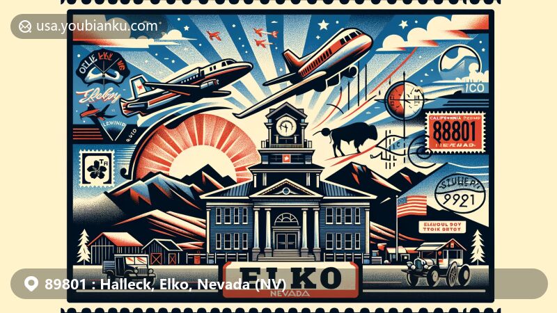 Modern illustration of Elko, Nevada, ZIP code 89801, showcasing the Elko County Courthouse, Ruby Mountains, California Trail, cowboy culture, and postal theme with complete postal marks and weather symbols.