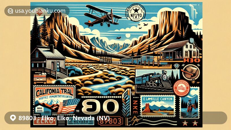 Modern illustration of Elko, Nevada (NV) ZIP Code 89803, emphasizing regional features like Ruby Mountains and Lamoille Canyon, with Humboldt River and cultural landmarks. Postal theme includes vintage air mail envelope, Ruby Mountains stamps, ZIP Code 89803 postmark, and old-fashioned mailbox.