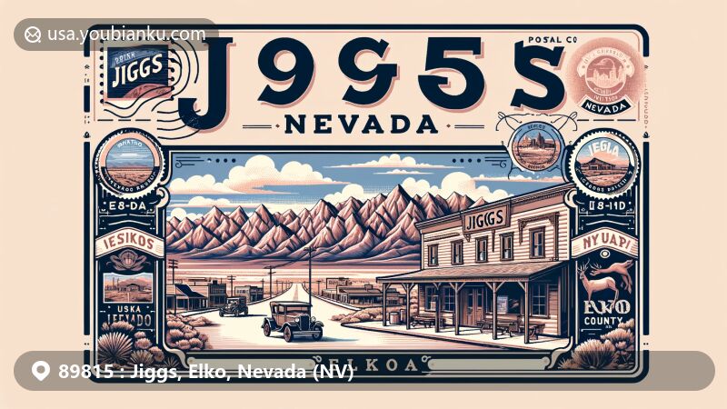 Modern illustration of Jiggs, Elko County, Nevada, with postal code 89815, capturing charm and history. Features iconic Jiggs Bar and vintage postcard design with Nevada state flag stamps.