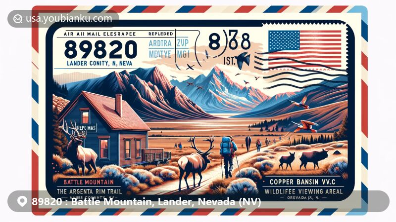 Modern illustration of Battle Mountain, Lander County, Nevada, showcasing air mail envelope design with hikers on Argenta Rim Trail, Orovada Historic Schoolhouse, elk, and pronghorn antelope, integrating Nevada state flag.