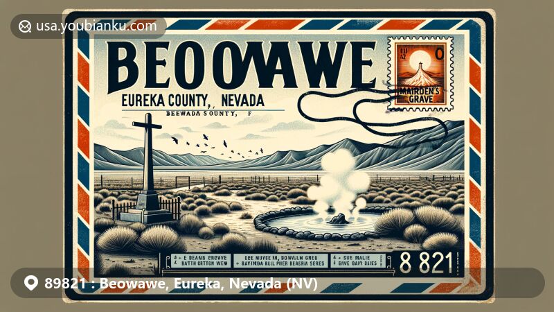 Modern illustration of Beowawe, Eureka County, Nevada, featuring airmail envelope theme, geothermal hot springs, and Nevada desert landscape with sagebrush.