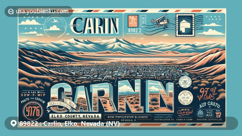 Modern illustration of Carlin, Elko County, Nevada, featuring postal theme with ZIP code 89822, showcasing the town's unique landscape and Nevada's desert and mountains.