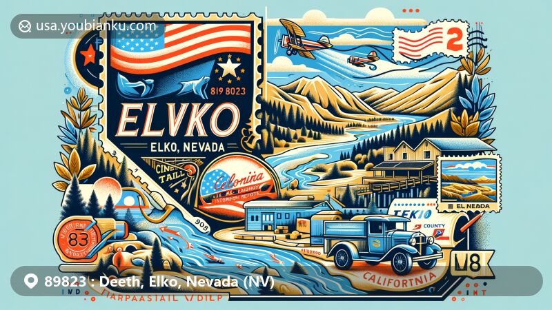 Modern illustration of Deeth, Elko, Nevada, blending regional features with postal elements, showcasing Nevada state flag, Elko County outline, Humboldt River, and California Trail Interpretive Center.