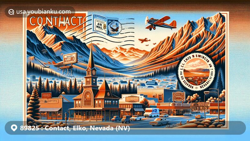 Modern illustration of the Contact area in Elko County, Nevada, highlighting the 89825 ZIP code region with Ruby Mountains, outdoor activities, Western folk art, and Elko's cultural heritage.