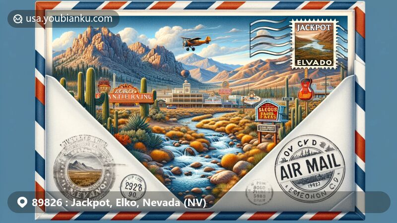 Modern illustration of Jackpot, Elko, Nevada, highlighting ZIP code 89826, showcasing Granite Range, Salmon Falls Creek, Cactus Pete's, Horseshu, outdoor activities, and Nevada state flag.