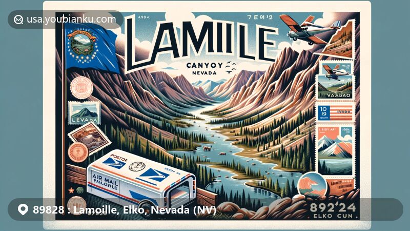 Modern illustration of Lamoille, Elko, Nevada, presenting postal theme with ZIP code 89828, showcasing Lamoille Canyon and the Ruby Mountains, featuring Nevada state flag, stamps, postmark, and postal elements.