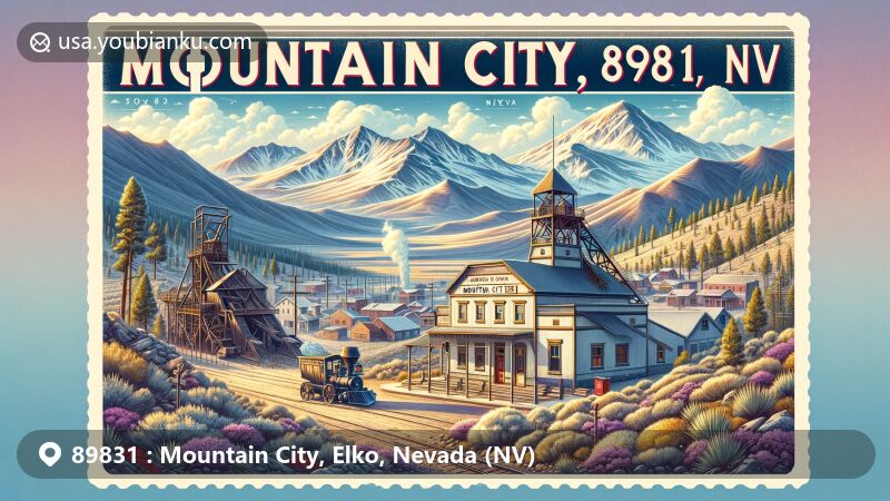 Modern illustration of Mountain City, Nevada, showcasing postal theme with ZIP code 89831, featuring historic mining scene, Humboldt-Toiyabe National Forest, vintage post office facade, and diverse landscapes.