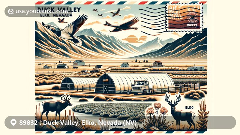 Modern illustration of Duck Valley, Elko, Nevada, showcasing high desert landscape and agricultural activities with ZIP code 89832, featuring Shoshone-Paiute Tribes' cultural elements like antelope and vintage air mail envelope.