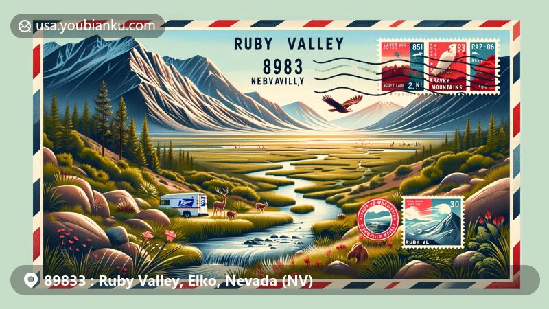 Modern illustration of Ruby Valley, Elko County, Nevada, with ZIP code 89833, featuring iconic landmarks like the Ruby Lake National Wildlife Refuge, Ruby Mountains, and Franklin Lake, creatively blended with a postal theme showcasing vintage-style air mail envelope, local wildlife stamps, and postmark.