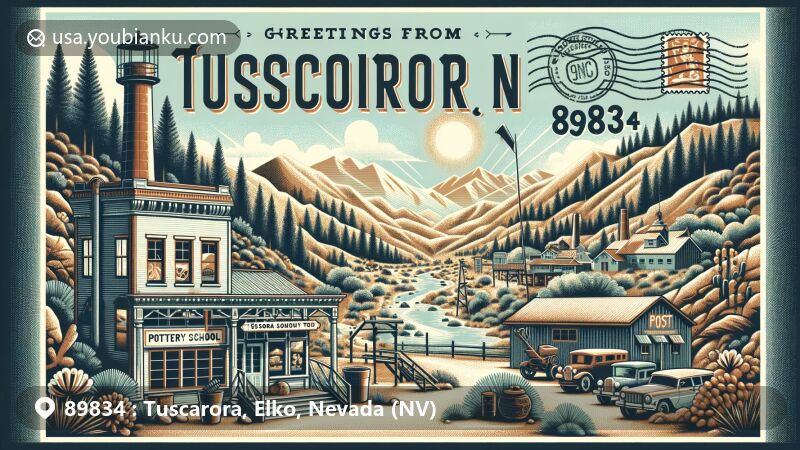 Vintage-style illustration of Tuscarora, Nevada, 89834, highlighting mining history, Tuscarora Pottery School, and scenic mountains against a postcard backdrop.