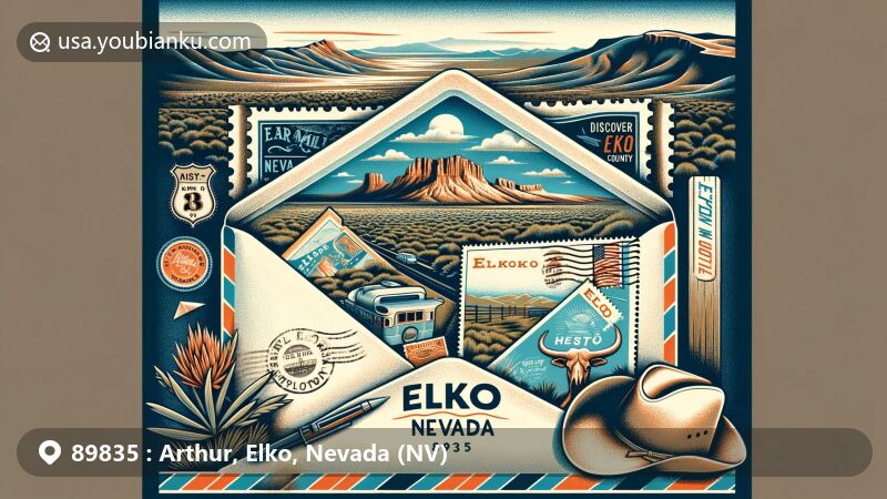 Modern illustration of Elko, Nevada (NV) for ZIP code 89835, featuring vintage air mail envelope overlaying scenic view with Ruby Mountains postcard, Nevada map, and cowboy hat.