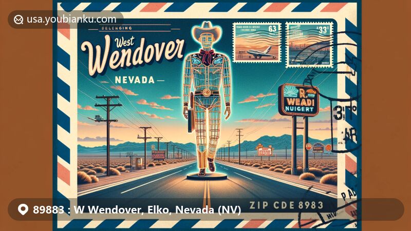 Modern illustration of West Wendover, Nevada, featuring Wendover Will, the world's tallest neon cowboy, set against the backdrop of the Great Salt Lake Desert, with vintage air mail envelope design and postal elements like ZIP code 89883 and stamps showcasing city's history and gambling industry.