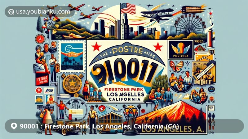 Modern illustration of Firestone Park, Los Angeles, California, portraying ZIP code 90001, incorporating community life, cultural diversity, and iconic landmarks like Hollywood Sign and Griffith Observatory.