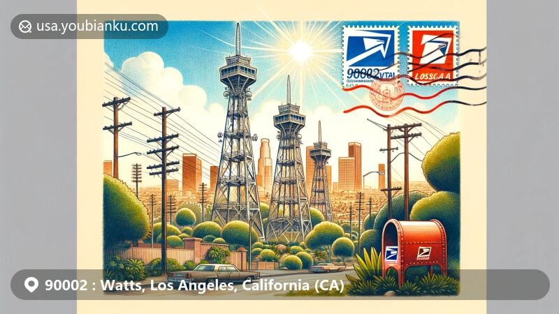 Modern illustration of Watts Towers in the 90002 ZIP code area, Watts, Los Angeles, California, featuring postcard with vintage postal elements and lush greenery symbolizing community resilience.
