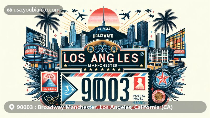 Modern illustration of ZIP Code 90003 in Broadway Manchester, Los Angeles, California, featuring iconic elements like the Hollywood Sign, palm trees, and city skyline, with vintage postal elements highlighting the diverse community and ZIP Code 90003.