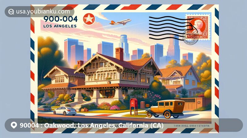 Modern illustration of Oakwood, Los Angeles, California, depicting historic Irvin Tabor Family Residences in American Craftsman architectural style, set against iconic Los Angeles skyline in a vibrant postcard scene with postal elements.