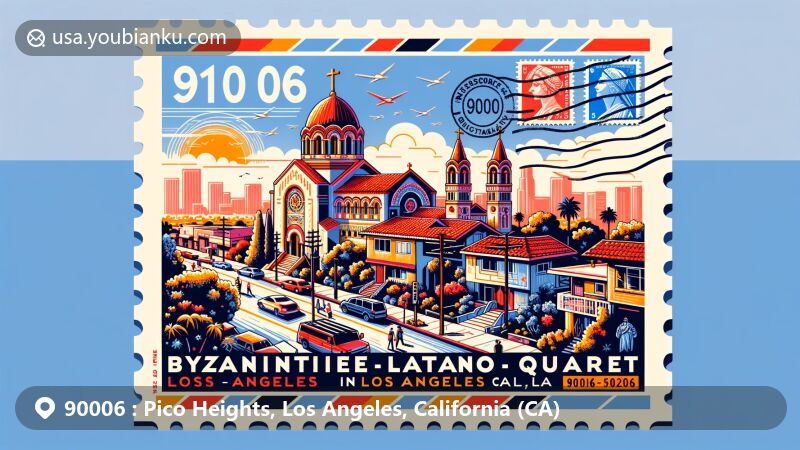 Modern illustration of Pico Heights, Los Angeles, California, showcasing the Byzantine-Latino Quarter with Saint Sophia Greek Orthodox Cathedral and vibrant streets, blending Craftsman homes with Greek and Central American influences.