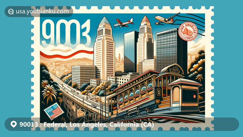 Vivid depiction of Los Angeles, California, featuring Angels Flight and the Ronald Reagan State Building, with a postal theme showcasing ZIP code 90013 and iconic city symbols.