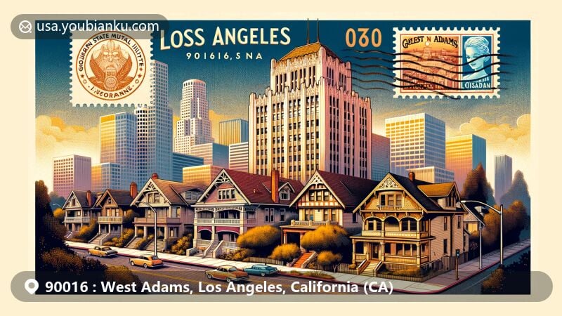 Modern illustration of West Adams community in Los Angeles, California, represented by Golden State Mutual Life Insurance Building and historic Craftsman style houses. Features retro postcard layout with '90016' ZIP code, community stamp, and date stamp.