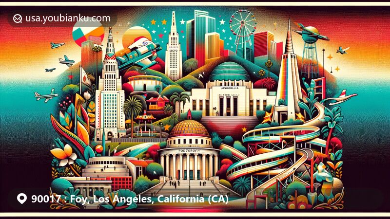 Modern illustration of Los Angeles, California, featuring iconic landmarks from the 90017 ZIP code area, including Griffith Observatory, Santa Monica Pier, and the Hollywood Sign.