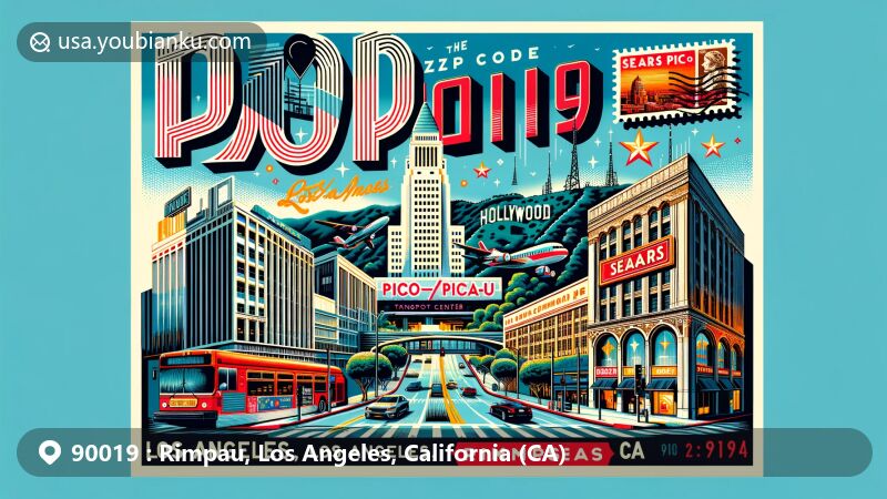 Modern illustration of Rimpau, Los Angeles, California, featuring ZIP code 90019, highlighting Pico/Rimpau Transit Center and Sears Pico building, with iconic landmarks like the Hollywood Sign. Design includes postal elements and vintage air mail aesthetics.