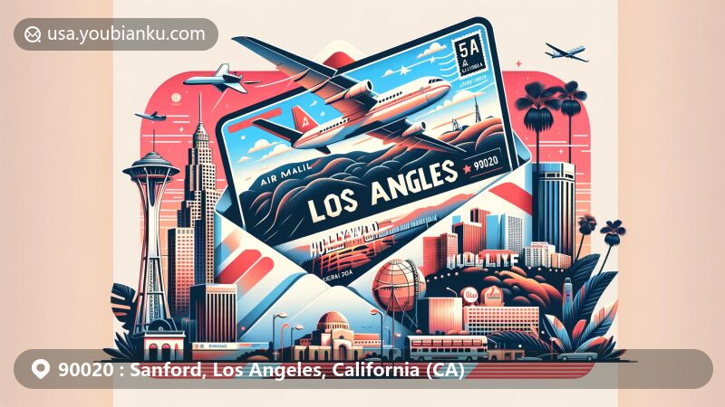 Modern illustration of Sanford, Los Angeles, California, centered around ZIP code 90020, featuring a creative airmail envelope with a postcard showcasing iconic landmarks like the Hollywood Sign and Griffith Observatory, along with palm trees and the California state flag stamp.