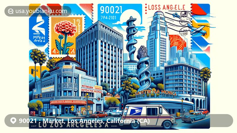 Modern illustration of Market area, Los Angeles, California, featuring Hollyhock House, Bradbury Building, Petersen Automotive Museum, and Santa Monica Pier with vintage postal elements.