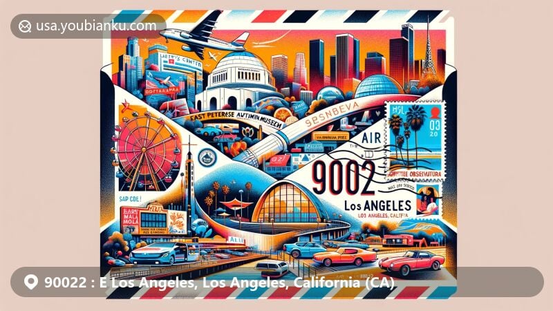 Modern illustration of East Los Angeles, Los Angeles, California, featuring iconic landmarks like the Getty Center, Santa Monica Pier, and Hollywood Sign in a creative postal theme with ZIP code 90022.
