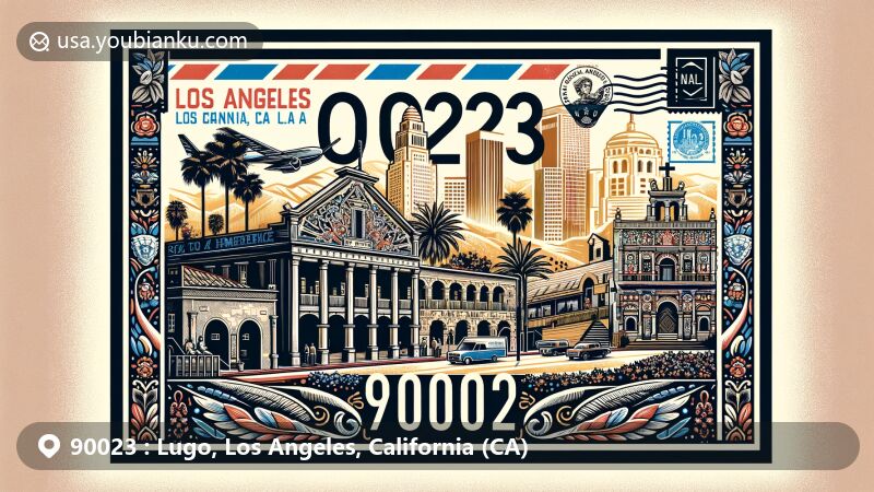 Modern illustration of Lugo, Los Angeles, California, depicting vintage airmail envelope with Olvera Street, Avila Adobe, and Italian American Museum, showcasing California state flag and Los Angeles Plaza Park statues.