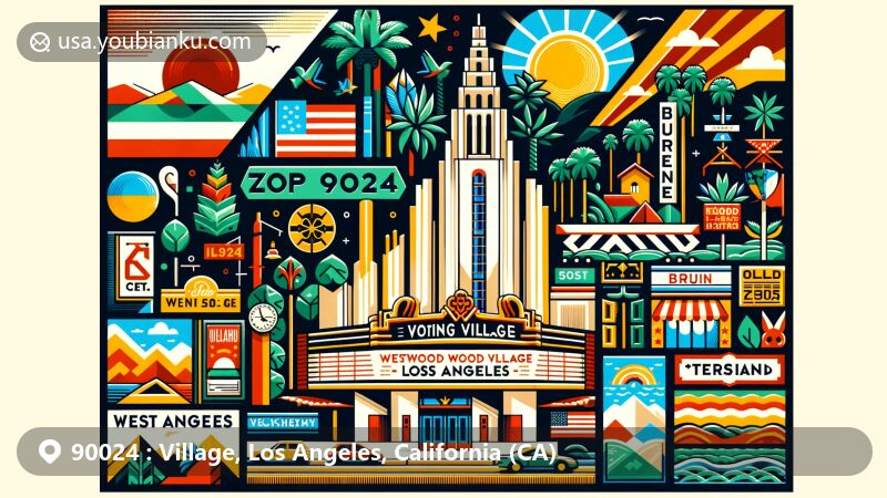 Vibrant illustration of Westwood Village, Los Angeles, California, highlighting ZIP code 90024 in a modern postcard format with iconic landmarks like Fox Village Theatre and Bruin Theater, including symbols of Los Angeles and 'Tehrangeles' community.