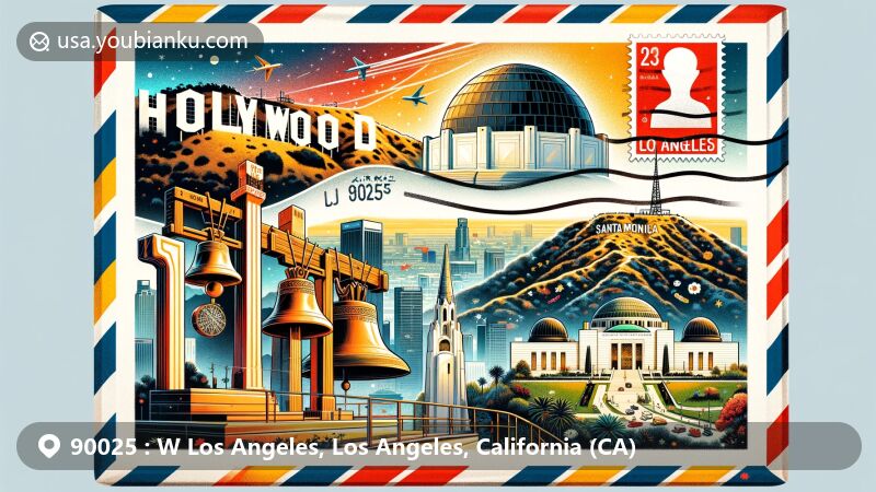 Wide-format illustration of West Los Angeles area, ZIP code 90025, featuring iconic landmarks like Hollywood Sign, Griffith Observatory, Santa Monica Pier, Korean Friendship Bell, and Getty Center.