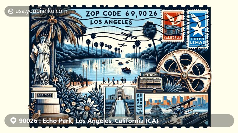 Modern illustration of Echo Park, Los Angeles, California, with postal theme featuring ZIP code 90026, showcasing Echo Park Lake with its historical significance, recreational activities, and iconic 'Lady of the Lake' statue, incorporating elements of early film industry including silent film era stars and vintage camera, surrounded by native vegetation like palm trees reflecting the natural beauty of the park, framed by an airmail envelope border with postal markings, a California flag stamp, and a cancellation mark with 'Echo Park, Los Angeles, CA 90026'.